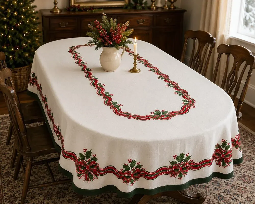 Christmas Tablecloth Red Green Holly Ribbon Holiday Dining Retro Oblong 80x60